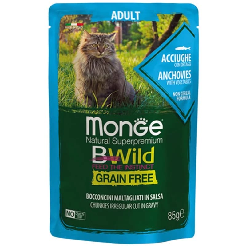 monge Monge Храна за Котки BWild Пауч с Хапки в Сос за Котки в Зряла Възраст с Аншоа и Зеленчуци без Зърнени Храни 85 г, cheap.bg