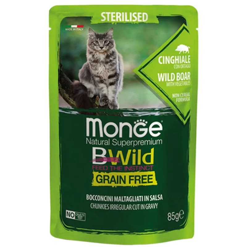 Monge Храна за Котки BWild Пауч с Хапки в Сос за Кастрирани Котки с Глиганско и Зеленчуци без Зърнени Храни 85 г