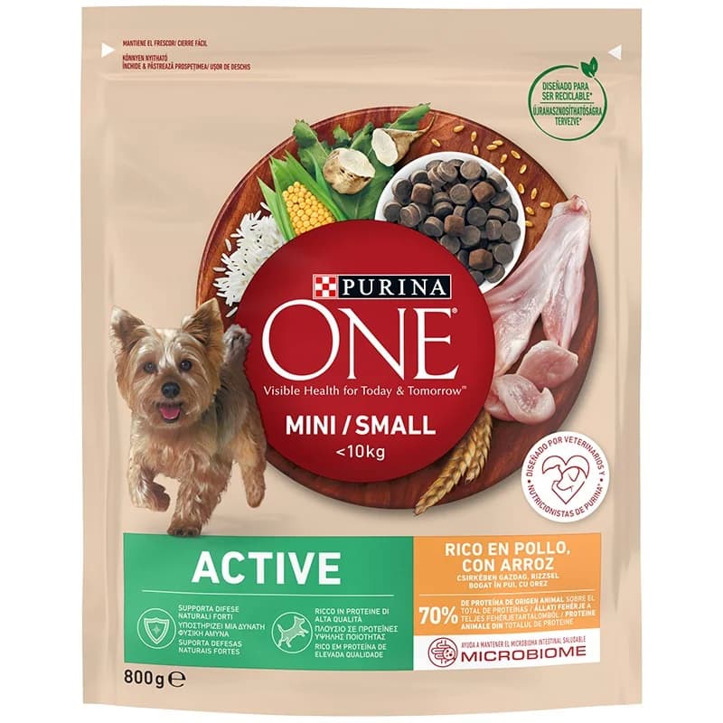 Purina Суха Храна One® Mini Adult за Активни Кучета от Дребни Породи в Зряла Възраст с Високо Съдържание на Пиле, с Ориз 800 г, eBag