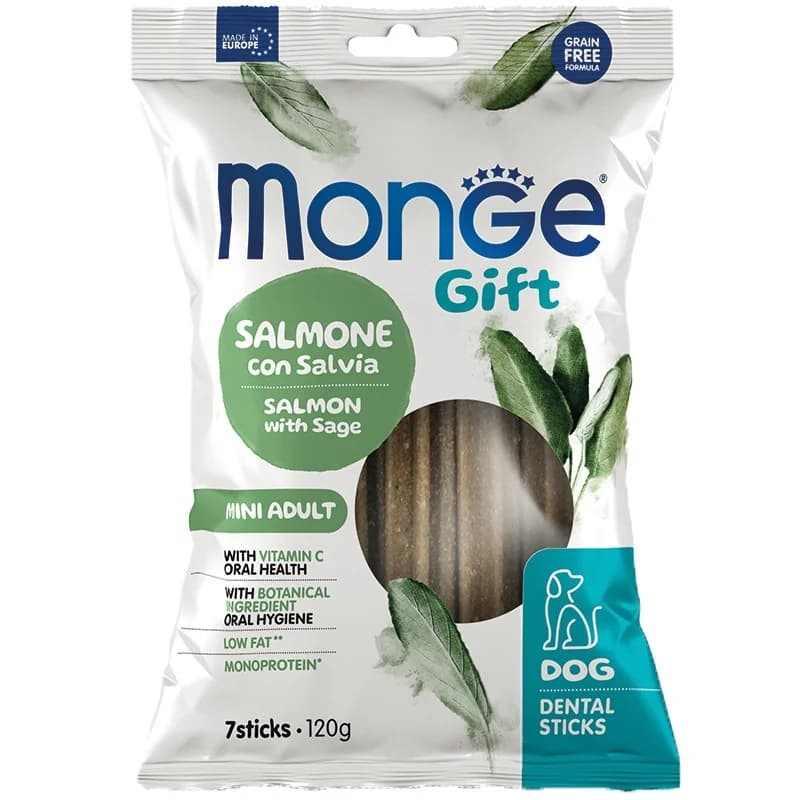 monge Monge Дентални Пръчици Gift Dog Dental Sticks Mini Adult за Мини Породи със Сьомга и Салвия Монопротеинови 120 г, cheap.bg