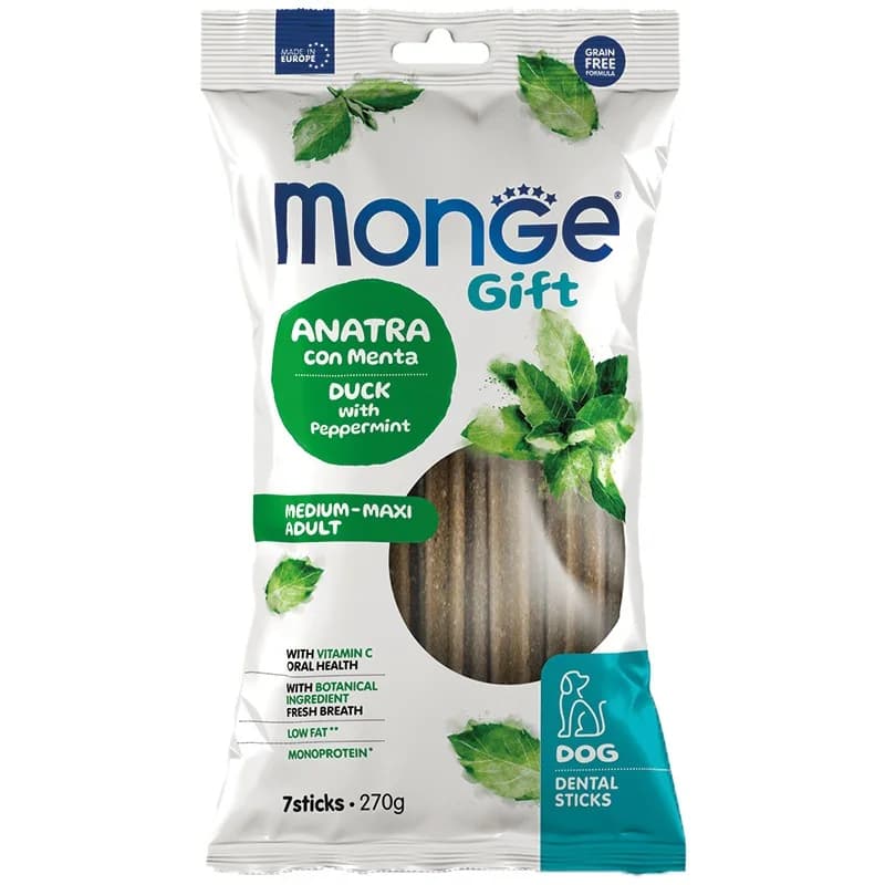 monge Monge Дентални Пръчици Gift Dog Dental Sticks Medium-Maxi Adult за Средни и Едри Породи с Патешко и Мента Монопротеинови 270 г, cheap.bg