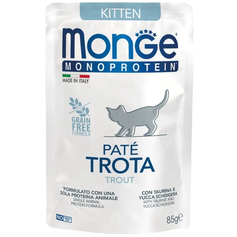 Monge Храна за Котки Monoprotein Kitten Cat Paté Trout за Подрастващи Котенца до 1 година с Пъстърва и Картофи Пауч 85 г, eBag
