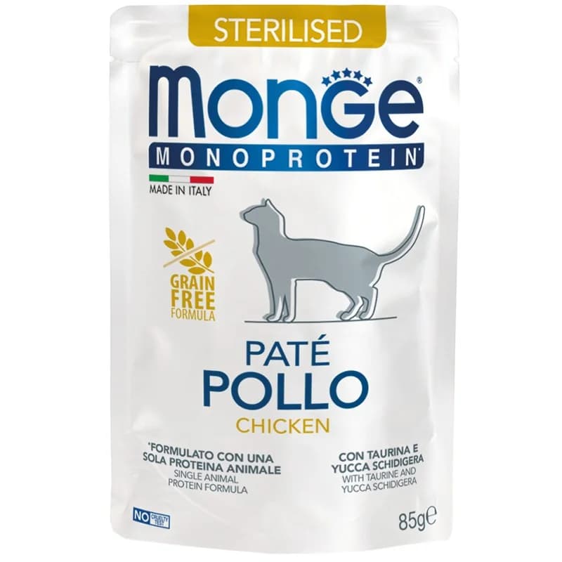 Monge Храна за Котки Monoprotein Sterilised Cat Paté Chicken - Пауч за кастрирани котки в зряла възраст с пилешко и картофи 85 г, eBag