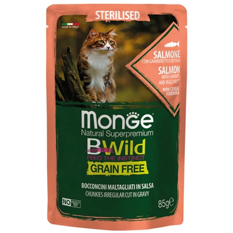 monge Monge Храна за Котки BWild Пауч с Хапки в Сос за Кастрирани Котки със Сьомга, Скариди и Зеленчуци без Зърнени Храни 85 г, cheap.bg