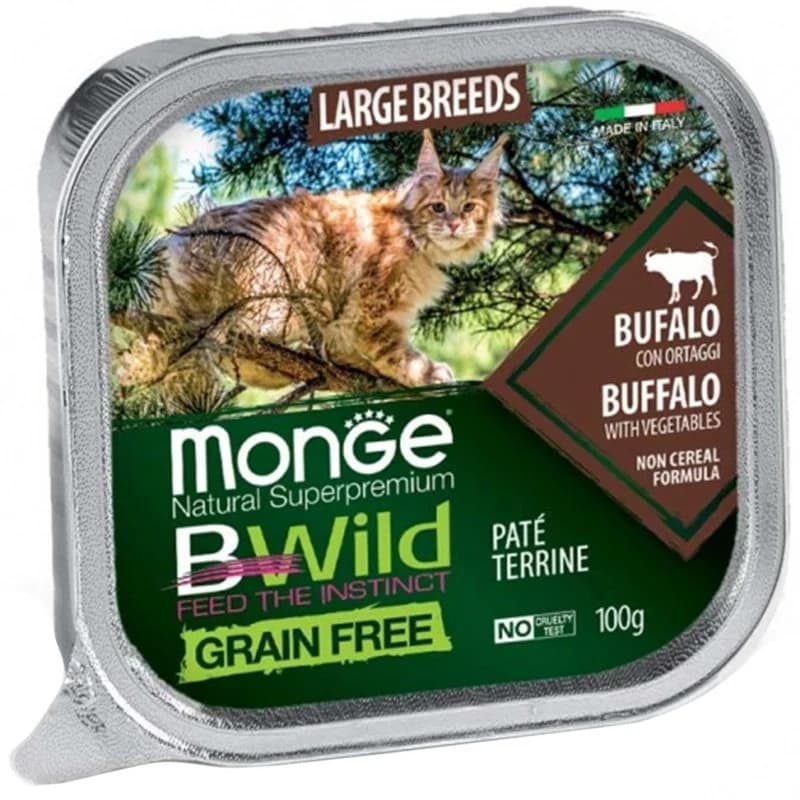 monge Monge Храна за Котки BWild Пастет Терин за Котенца и Котки в Зряла Възраст от Едри Породи с Биволско и Зеленчуци без Зърнени Храни 100 г, cheap.bg
