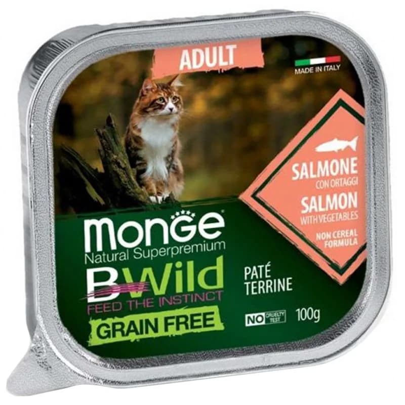 Monge Храна за Котки BWild Пастет Терин за Котки в Зряла Възраст със Сьомга и Зеленчуци без Зърнени Храни 100 г, eBag