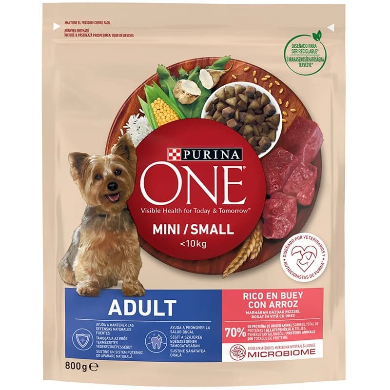 purina Purina Суха Храна за Кучета One® Mini Adult, от Дребни Породи в Зряла Възраст с Високо Съдържание на Говеждо, с Ориз 800 г, cheap.bg