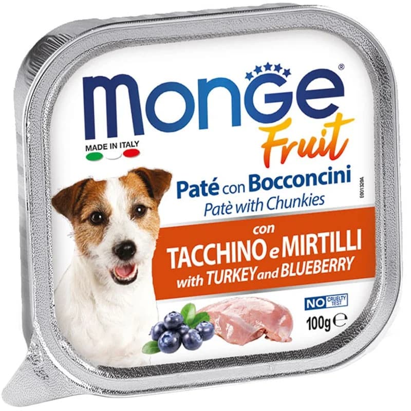 monge Monge Храна за Кучета Fruit Пастет и Хапки за Кучета в Зряла Възраст с Пуйка и Боровинки 100 г, cheap.bg