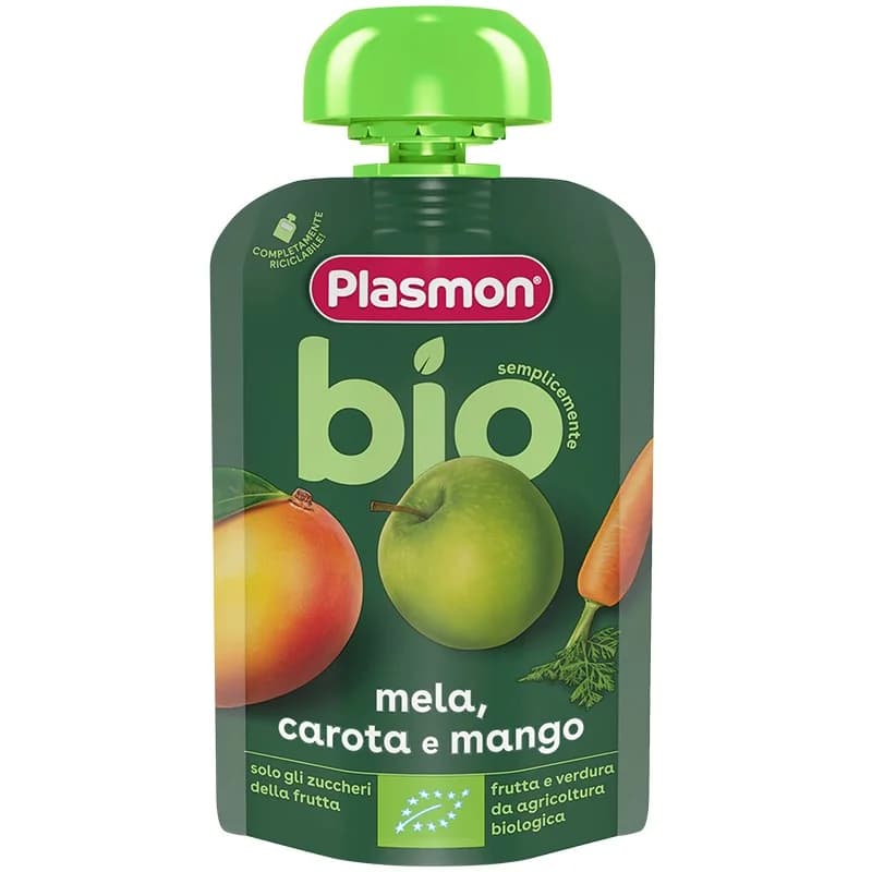 Плазмон Био Плодова Закуска Plasmon Ябълка, Морков и Манго 6м+ 100 г, eBag