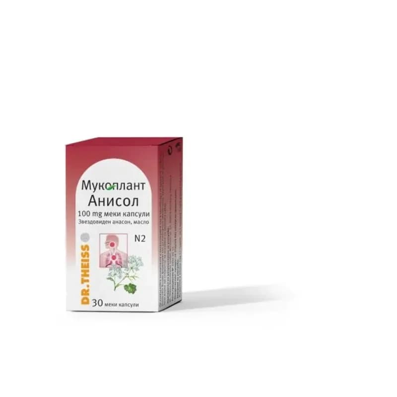 mucoplant MUCOPLANT Мукоплант Анисол Капсули При Суха Кашлица С Гъст И Вискозен Секрет 100мг Х30 Dr. Theiss 1 бр, cheap.bg