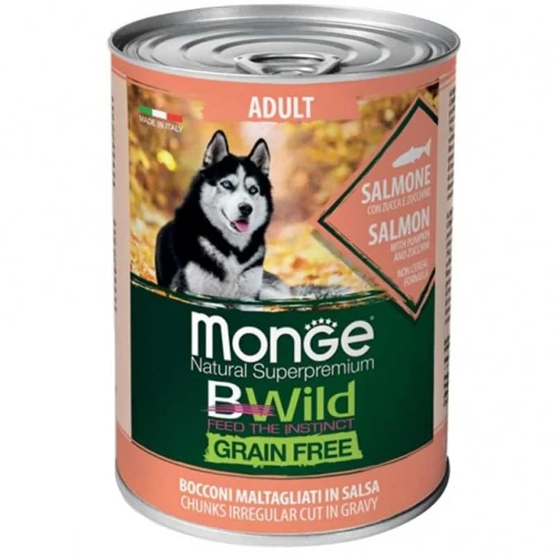 monge Monge Храна за Кучета BWild Неправилно Нарязани Хапки в Сос за Кучета в Зряла Възраст от Всички Породи със Сьомга, Тиква и Тиквички без Зърнени Храни Консерва 400 г, cheap.bg