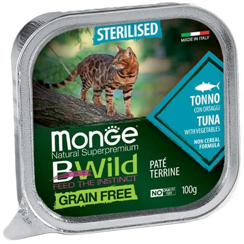 Monge Храна за Котки BWild Пастет Терин за Кастрирани Котки в Зряла Възраст с Риба Тон и Зеленчуци без Зърнени Храни 100 г, eBag