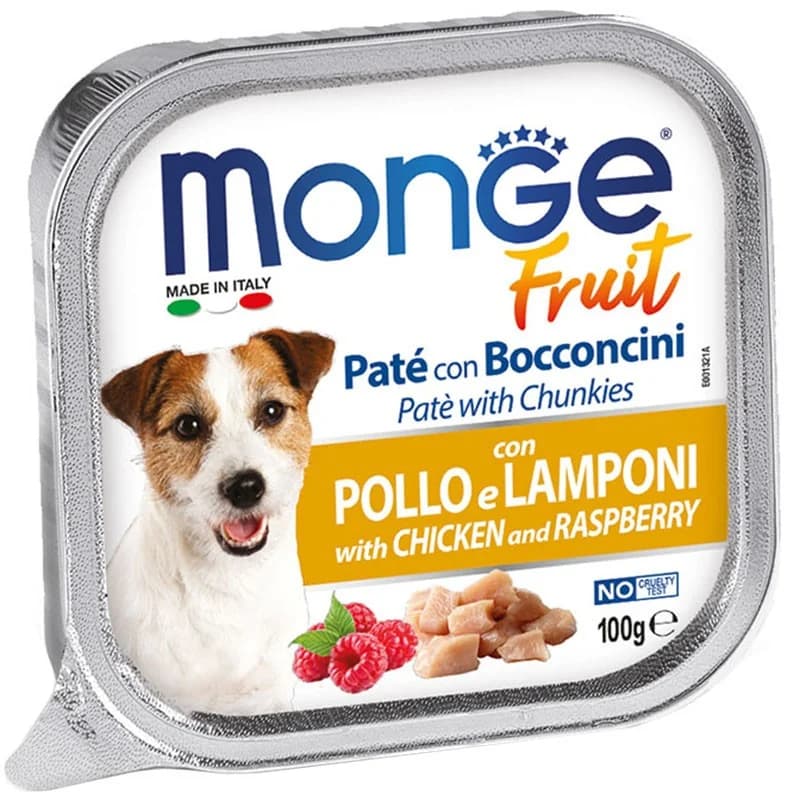 monge Monge Храна за Кучета Fruit Пастет и Хапки за Кучета в Зряла Възраст с Пилешко и Малини 100 г, cheap.bg