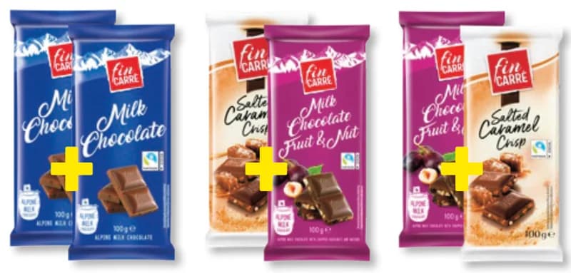 FIN CARRÉ Млечен шоколад Различни видове, Lidl