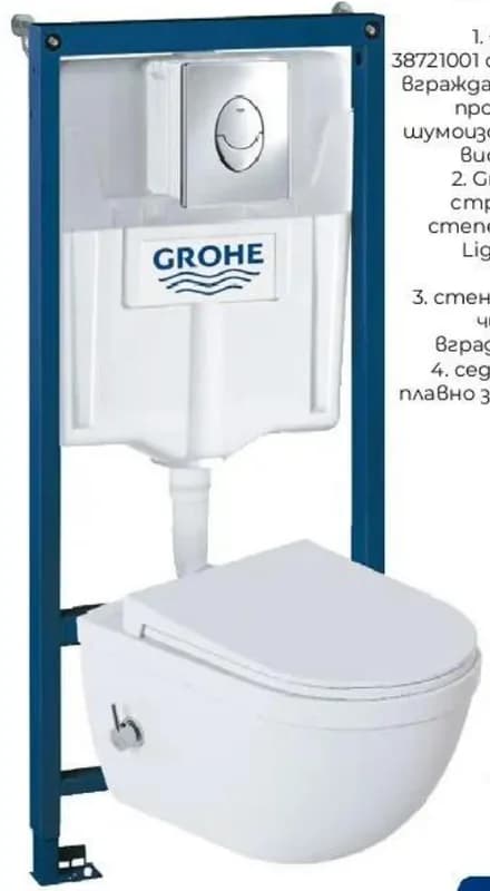 Комплект структура за вграждане (Grohe Rapid SI 38721001 с бутон Grohe Star Light, стенна тоалетна чиния с биде и вграден смесител), Практикер