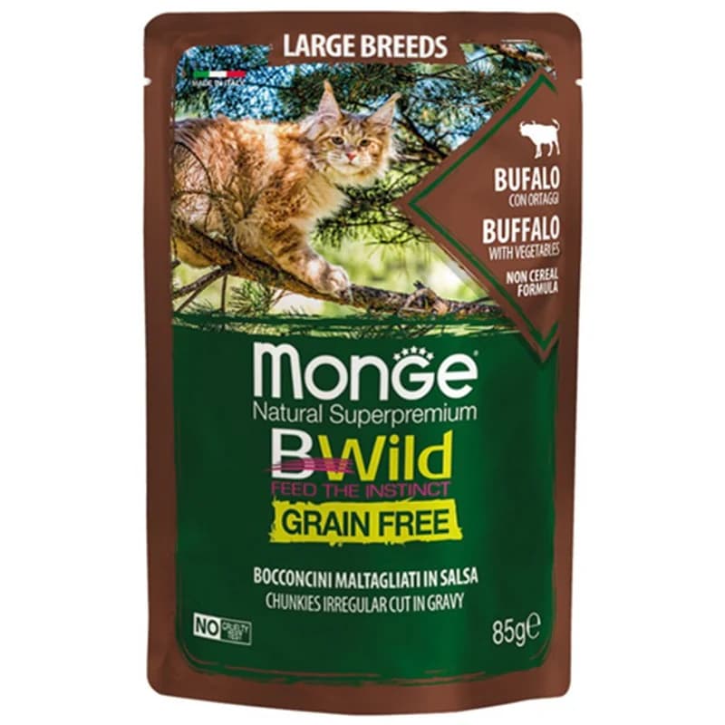 monge Monge Храна за Котки BWild Пауч с Хапки в Сос за Котенца и Котки в Зряла Възраст от Едри Породи с Биволско и Зеленчуци без Зърнени Храни 85 г, eBag