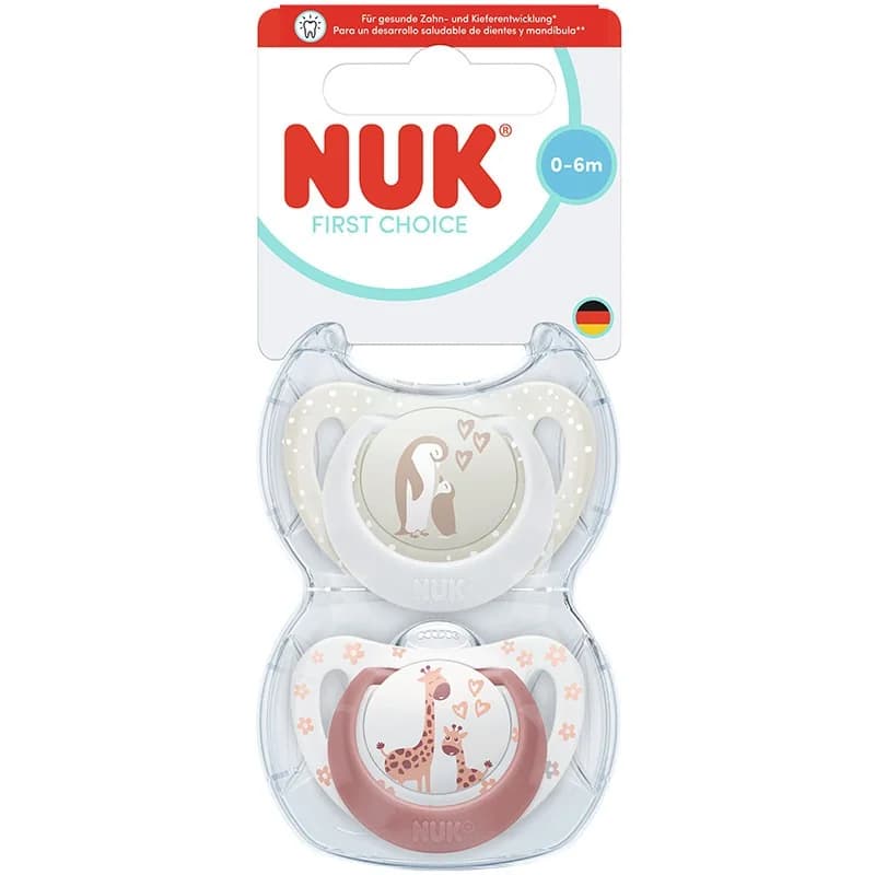 nuk Нук Биберон Залъгалка First Choice 0-6м Пингвин/Жираф Момиче 2 бр., cheap.bg