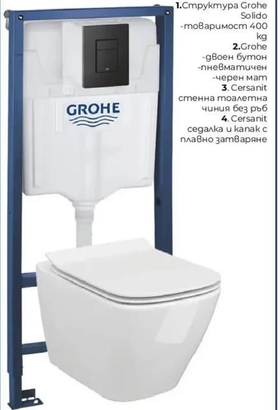 grohe Grohe Комплект структура за вграждане Solido, Cersanit стенна тоалетна чиния без ръб, седалка и капак), Практикер