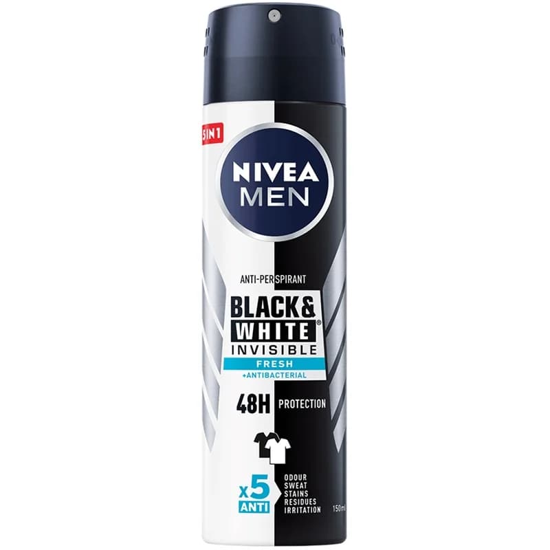 Нивеа Део Спрей Invisible Black and White Fresh + Antibacterial Мъжки 150 мл, eBag